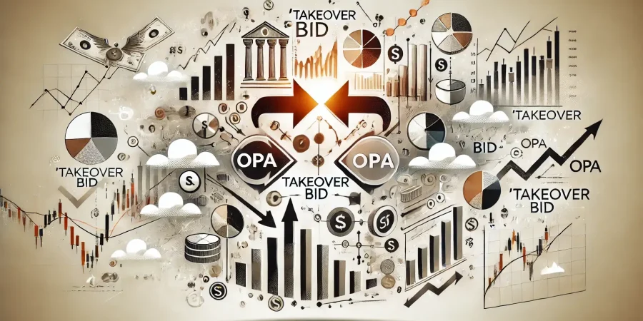 DALL·E 2024-12-29 11.36.21 - An informative and modern digital illustration showing the concept of a 'takeover bid' (OPA) in the financial market. The image features a symbolic st imagen que simboliza los tipos de OPAS
